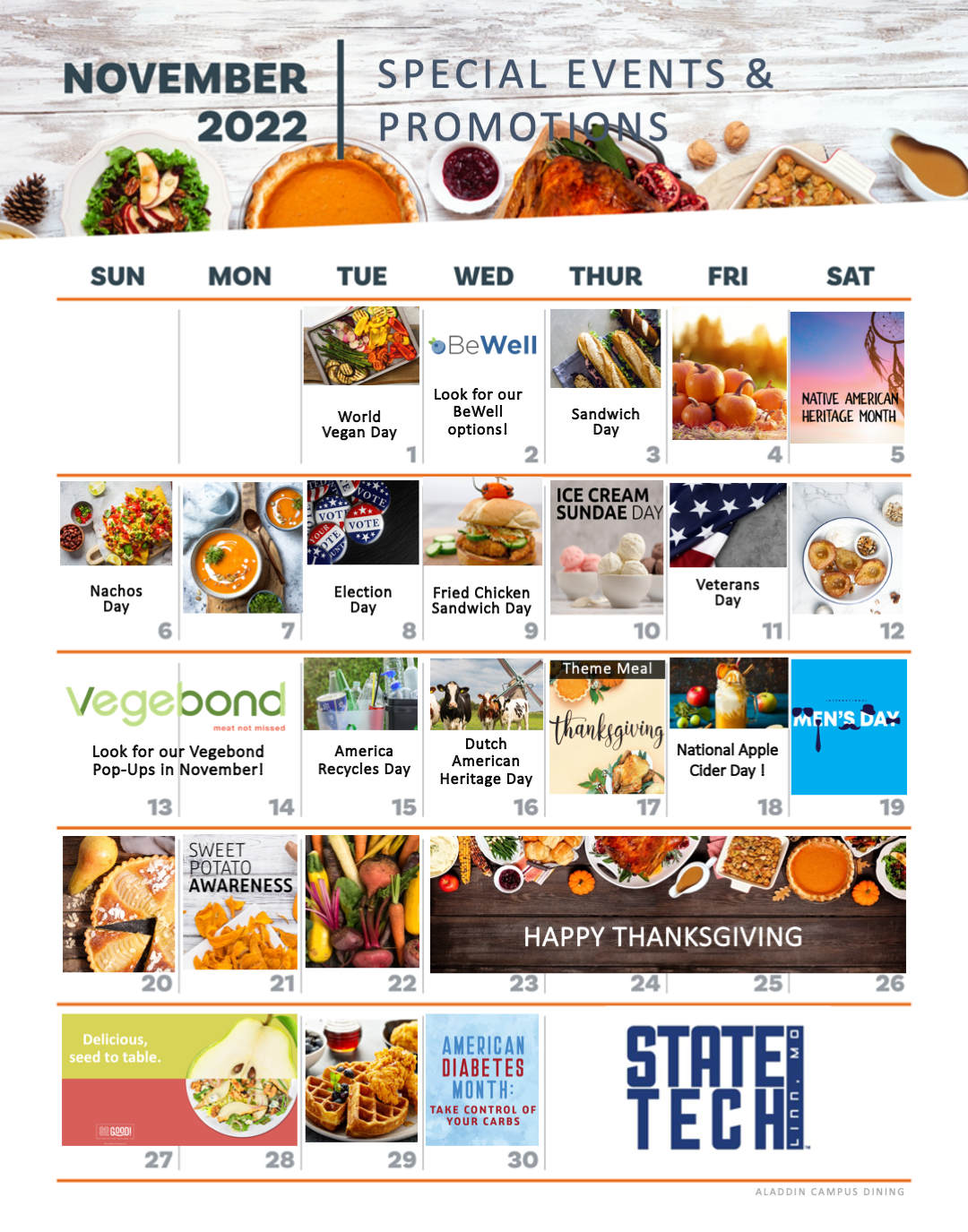 November Calendar State Technical College of Missouri Aladdin Campus Dining